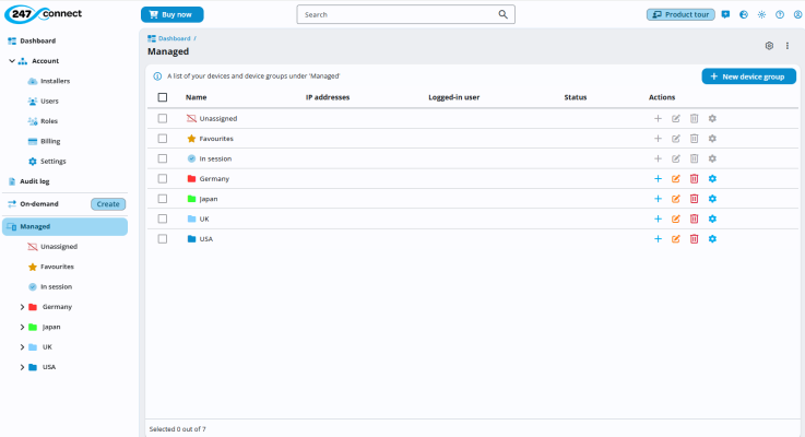 Web Portal with Managed selected in the side menu, showing a list of top-level device groups. The groups listed are Unassigned, Favourites, In session, Germany, Japan, UK, and USA. Each row includes columns for IP addresses, Logged-in user, Status and Actions, with icons for adding, editing, deleting and configuring. A New device group button is at the top.